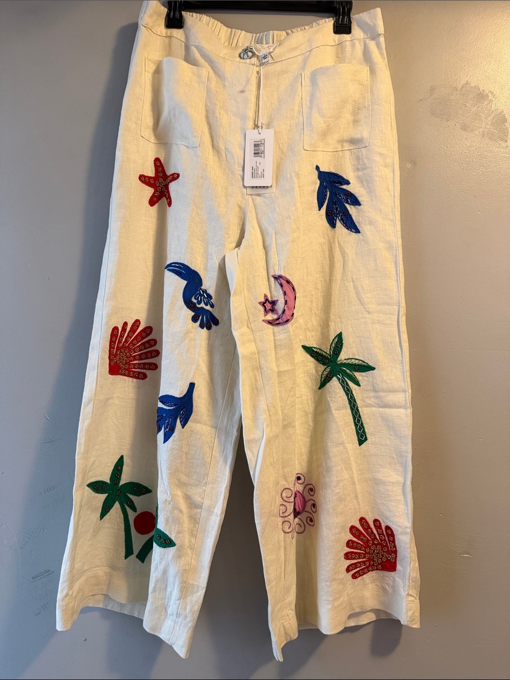 NWT Johnny Was Cream Linen Pants With Multicolor Beach Embroidery